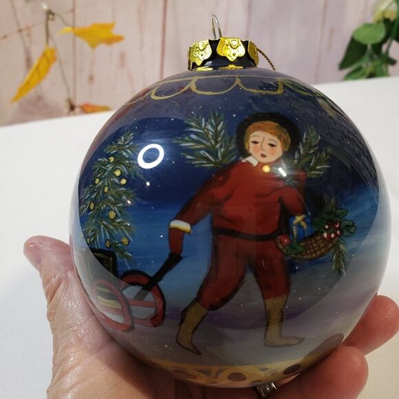 Inside Painted Glass Christmas Ornament Victorian Style Children on Sled Ball - Picture 2 of 9